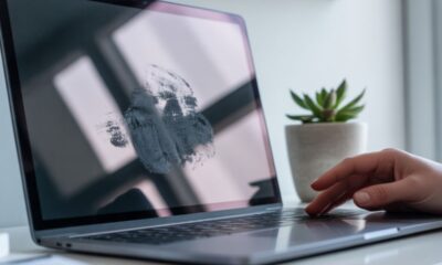 Black pressure marks on a laptop screen are caused by fingerprints.