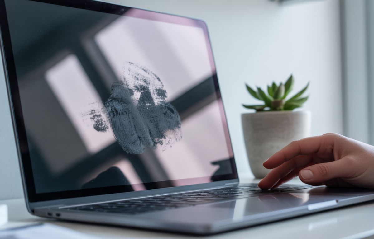 Black pressure marks on a laptop screen are caused by fingerprints.