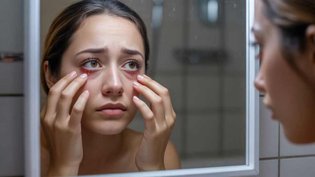 Eyelash extensions and allergies with swollen red eyes after application.