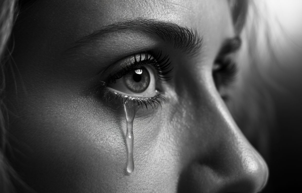 Close-up of teary eye with long eyelashes – does crying make your eyelashes grow