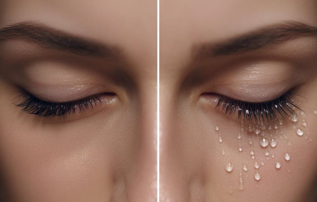 Close-up of eyelashes before and after crying, showing water droplets on lashes.