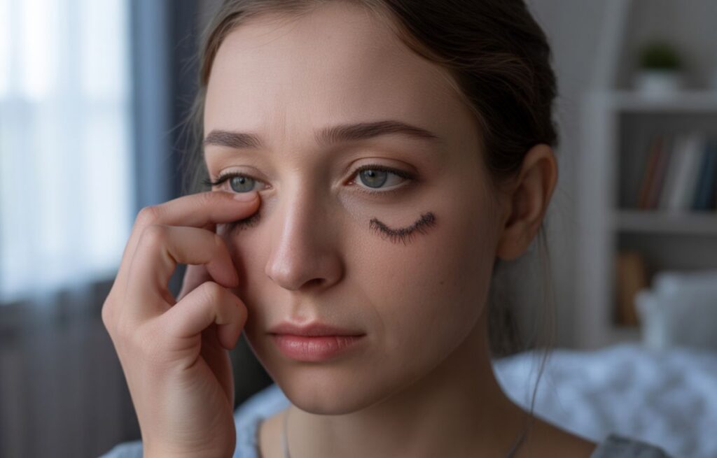 A woman with smudged mascara under her eyes after crying, touching her face.