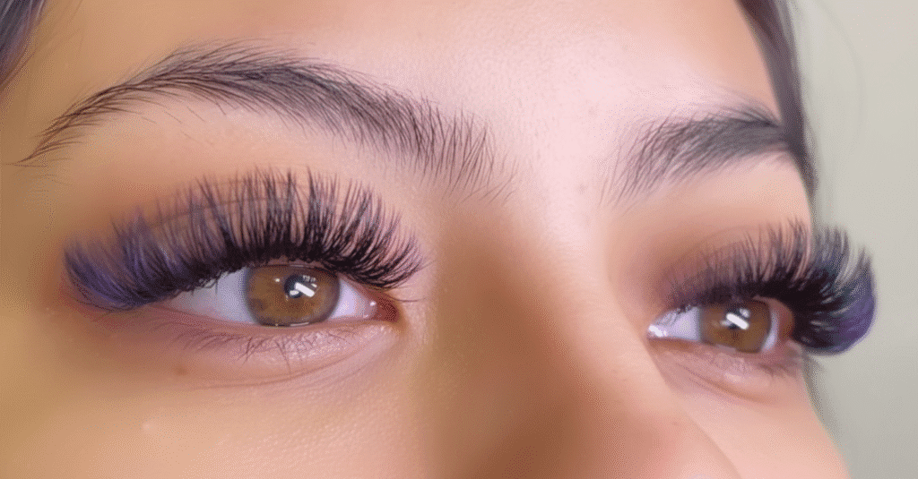 Close-up of purple eyelash extension styles on natural eyes.