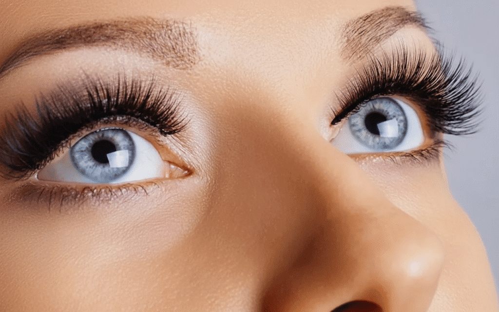 Close-up of blue eyes with voluminous eyelash extension styles