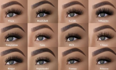 Comparison of 12 eyelash extension styles, including Vixen, Bombshell, Lavish, Silhouette, Temptation, Sassy, Rich, Climax, Risqué, Supermodel, Fantasy, and Princess.