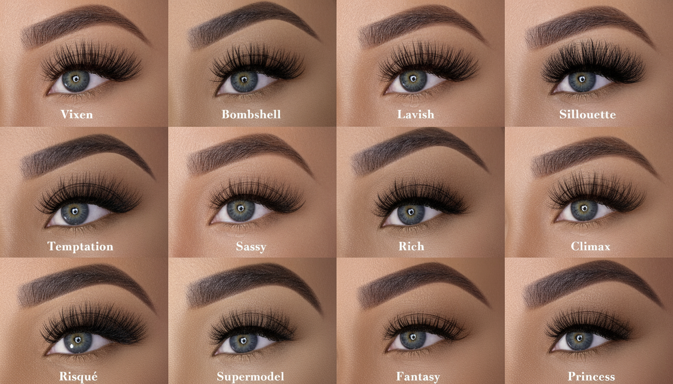 Comparison of 12 eyelash extension styles, including Vixen, Bombshell, Lavish, Silhouette, Temptation, Sassy, Rich, Climax, Risqué, Supermodel, Fantasy, and Princess.