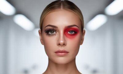 Eyelash extensions and allergies showing healthy lashes vs swollen red eye.