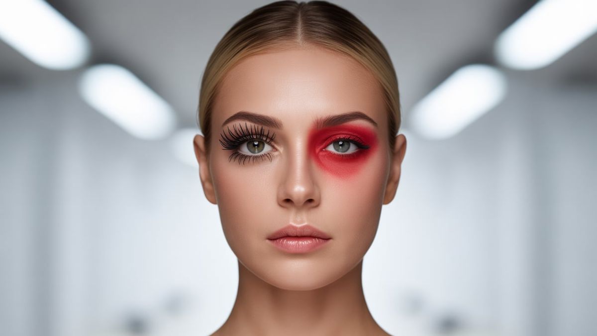 Eyelash extensions and allergies showing healthy lashes vs swollen red eye.