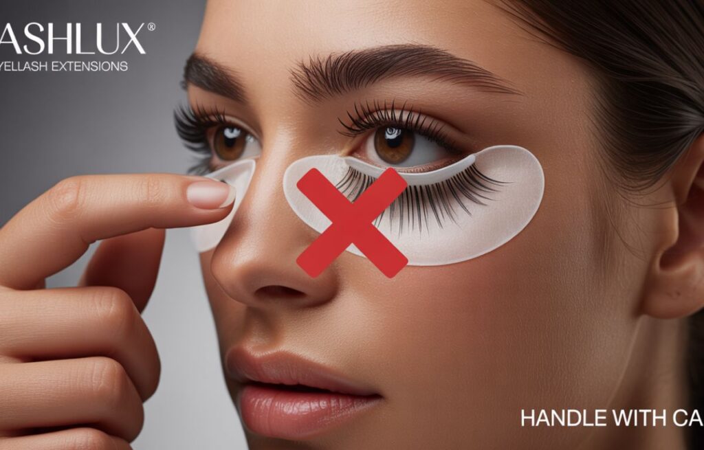 A woman pulling eyelash extensions shows why you lose more lashes a day