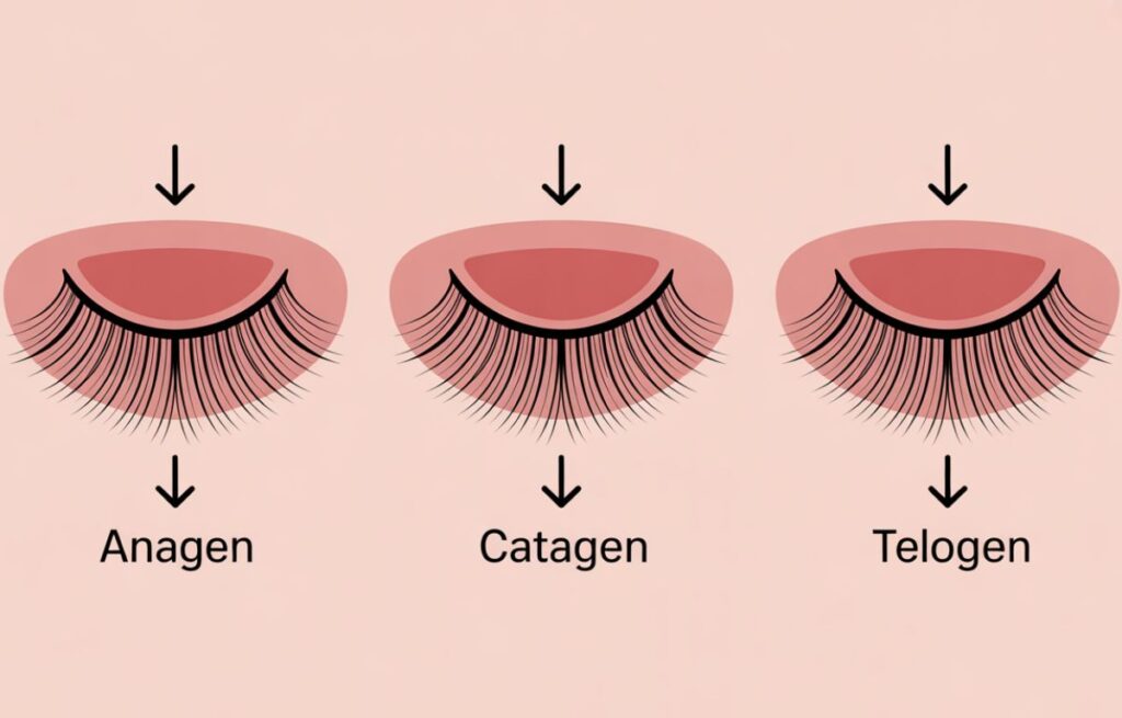 Eyelash growth cycle diagram showing how many eyelash extensions you lose a day