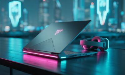 Futuristic gaming laptop with VR headset showing how to optimize a gaming laptop for VR gaming.