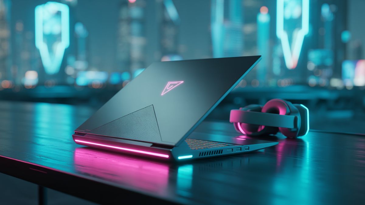 Futuristic gaming laptop with VR headset showing how to optimize a gaming laptop for VR gaming.