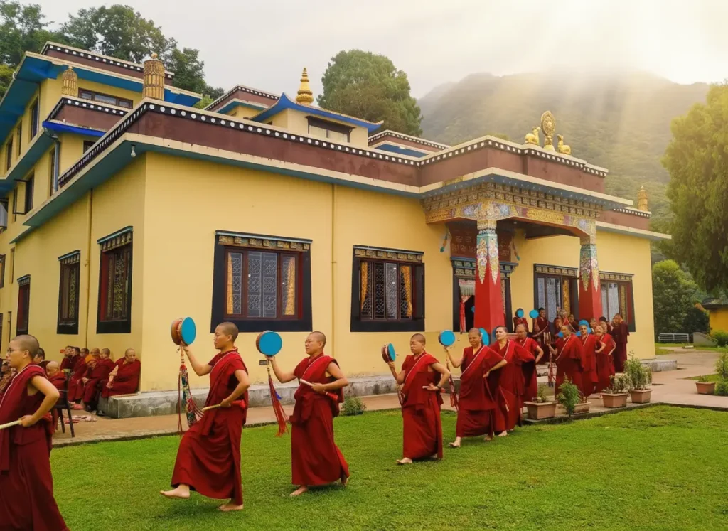 Young Buddhist monks in red robes marching in front of a peaceful monastery, their spiritual home for monks