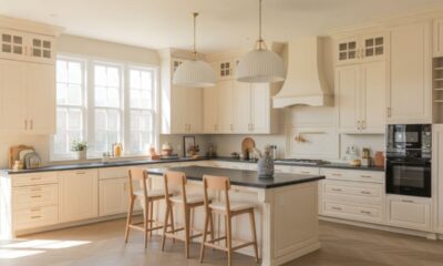Off White Kitchen Cabinets with modern island design, wooden chairs, and elegant pendant lighting.