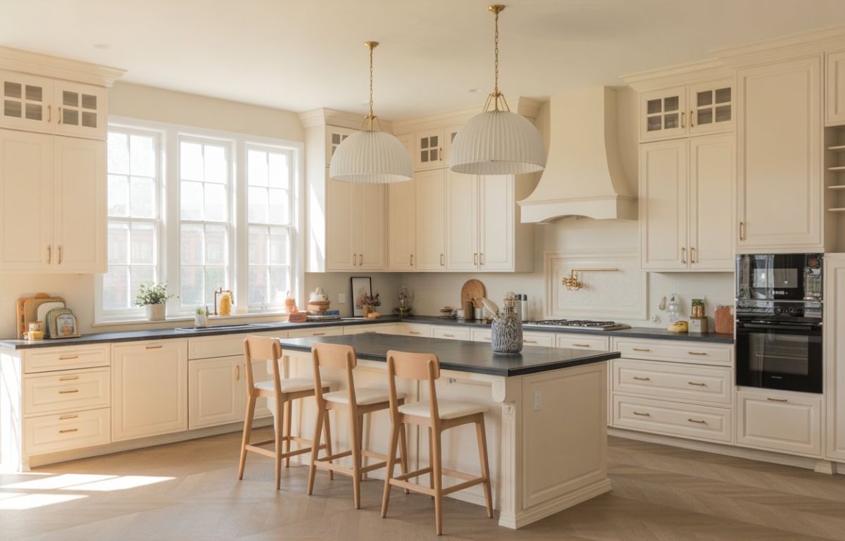 Off White Kitchen Cabinets with modern island design, wooden chairs, and elegant pendant lighting.