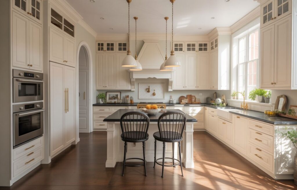 Off White Kitchen Cabinets with black countertops, modern island, and pendant lighting in a bright kitchen.