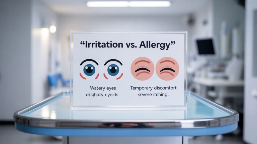 Eyelash extensions and allergies comparison chart of irritation vs allergy.