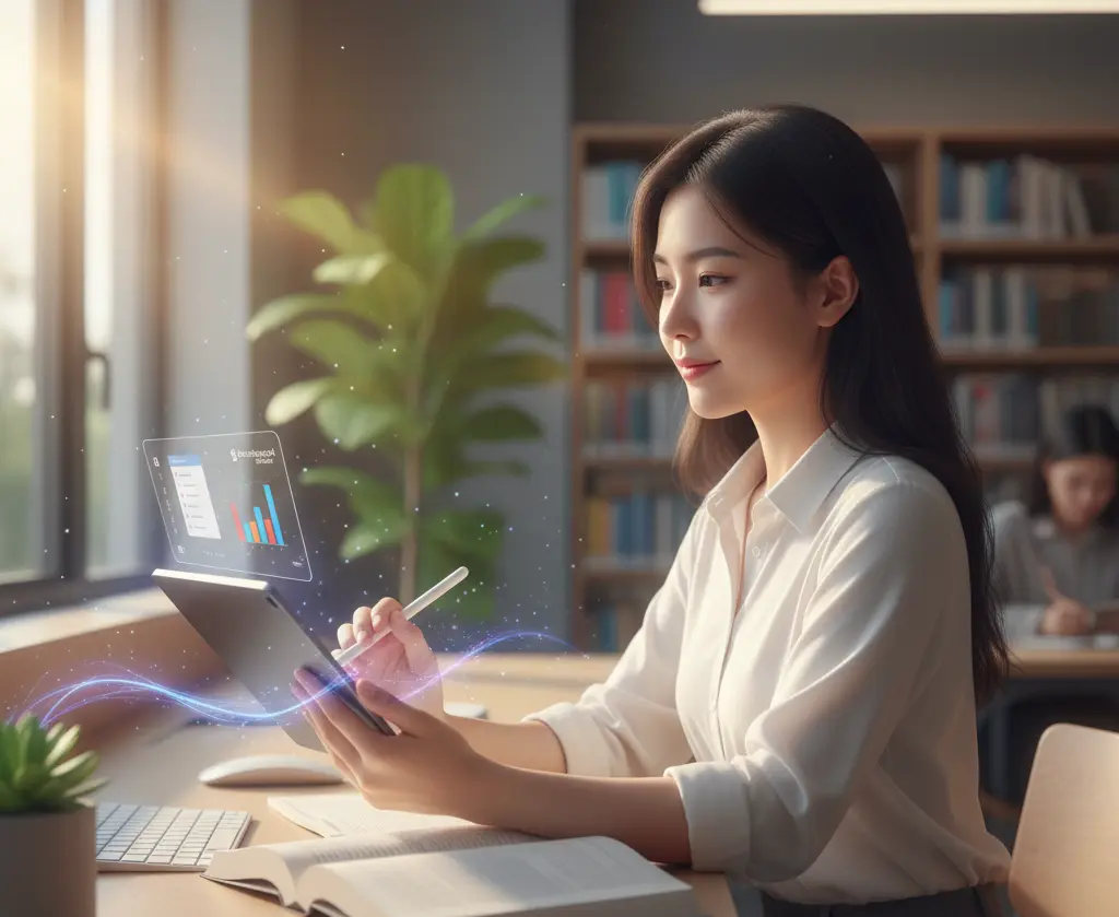 A focused female student using a tablet with a digital pen, showing a subtle holographic overlay of Zenvekeypo4's integrated workflow (class schedule, progress), conveying seamless productivity in a modern study environment.