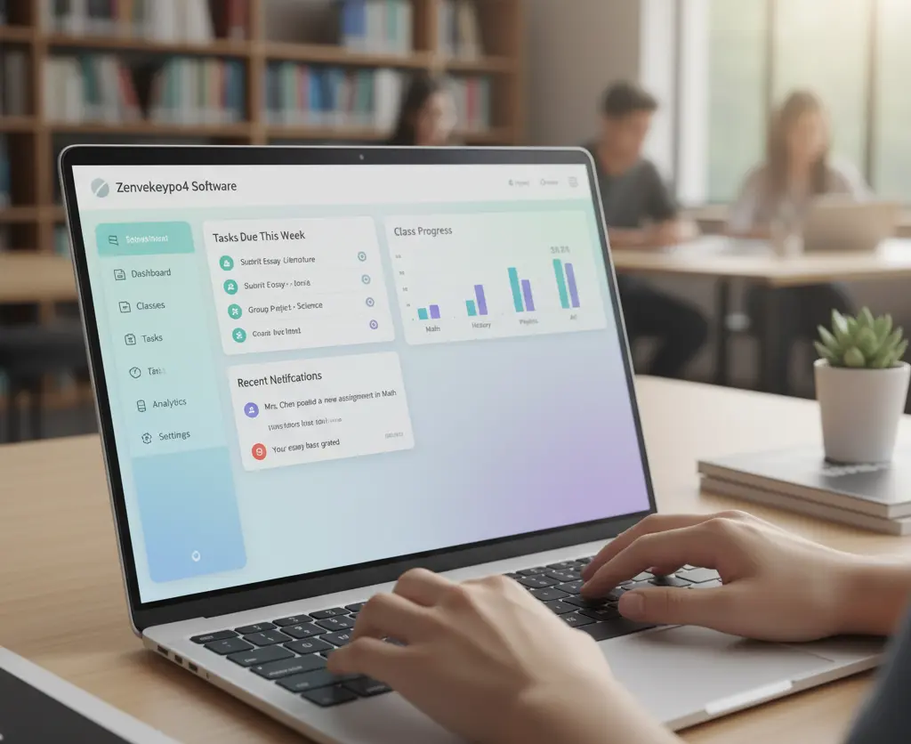 Zenvekeypo4 Software dashboard displayed on a laptop, showing "Tasks Due This Week," "Class Progress" graphs, and "Recent Notifications" in a clean interface, with a person's hands on the keyboard in a library setting.