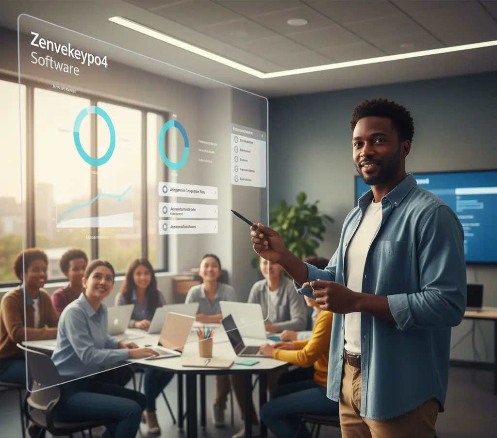 A confident male teacher interacting with a transparent holographic display of Zenvekeypo4 Software, showing class analytics and assignments, while smiling students are engaged in a collaborative classroom setting in the background.