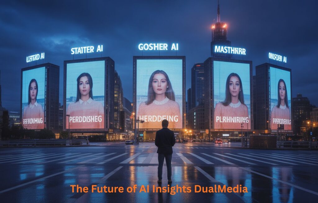 AI Billboards Innovation showcases digital displays with artificial intelligence visuals in a futuristic cityscape.