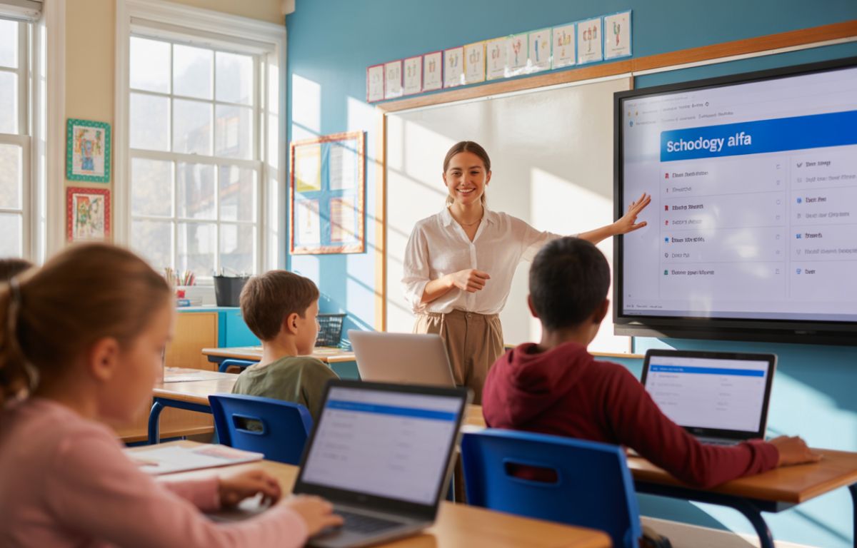Teacher explaining Schoology Alfa dashboard to students in a smart classroom