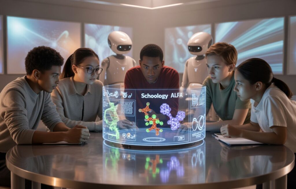 Students exploring the future of digital education using Schoology Alfa smart learning technology