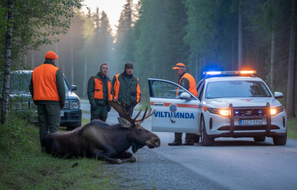 Viltnemnda officers in Norway reviewing wildlife management maps during a planning meeting inside a municipal office.