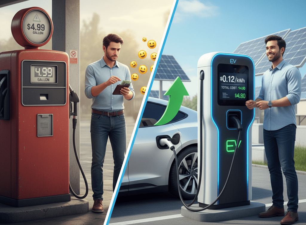 A graphic showing a gas pump with high prices contrasted with an EV charging port with much lower, digital electricity cost readouts, emphasizing the cost savings.