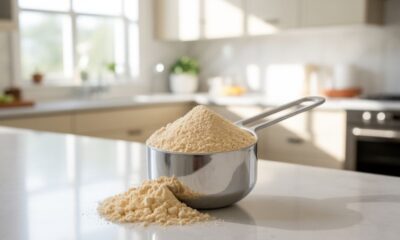 Insoya plant-based protein powder is displayed with a measuring scoop in a modern kitchen.