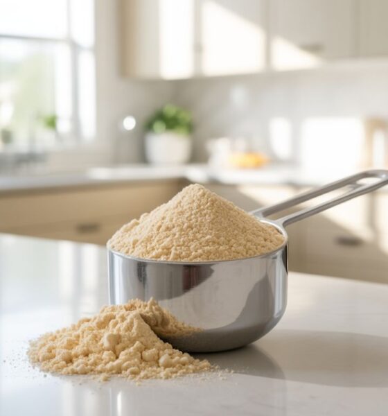 Insoya plant-based protein powder is displayed with a measuring scoop in a modern kitchen.