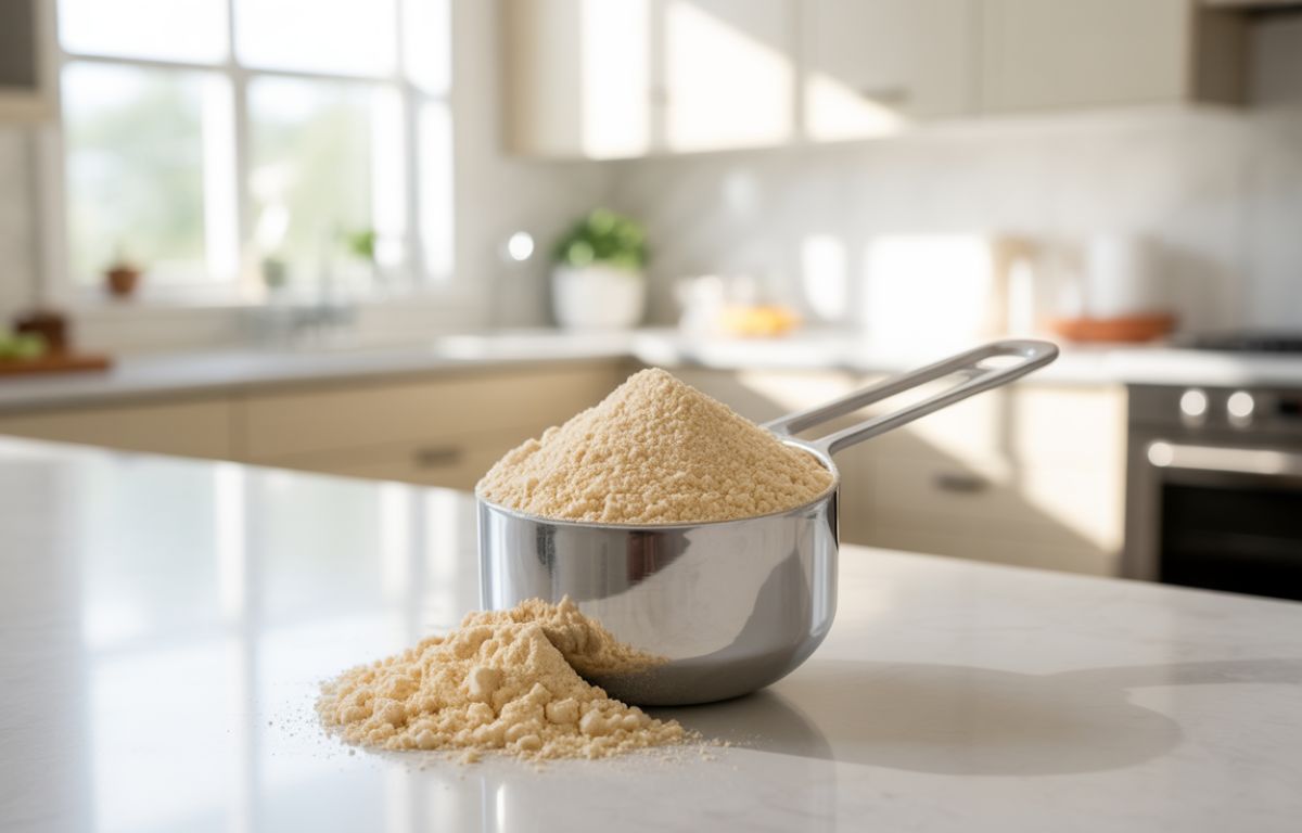 Insoya plant-based protein powder is displayed with a measuring scoop in a modern kitchen.