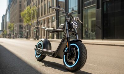 Modern eschopper parked on a city street with wide tires and sleek electric design.