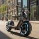 Modern eschopper parked on a city street with wide tires and sleek electric design.