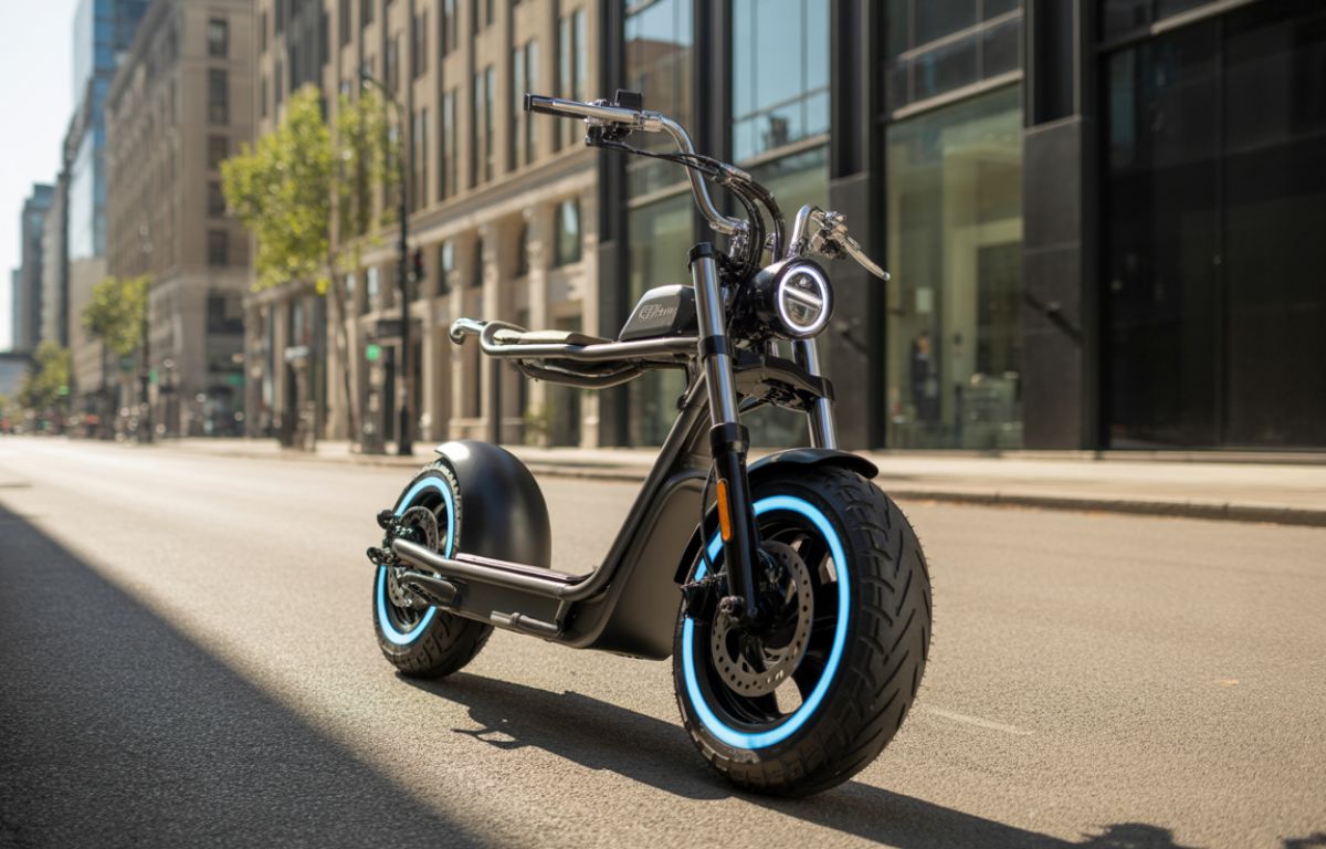 Modern eschopper parked on a city street with wide tires and sleek electric design.