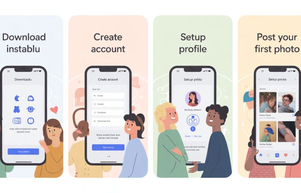 Step-by-step Instablu onboarding illustration showing setup and first post.