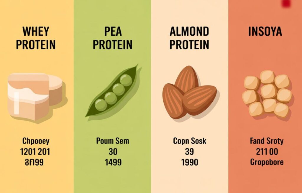 Insoya is compared visually to whey, pea, rice, and almond protein.