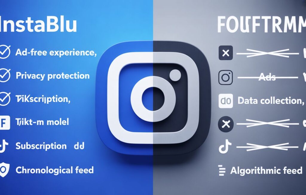Side-by-side comparison of Instablu with Instagram, TikTok, and Twitter.