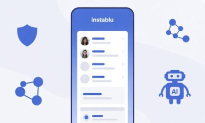 Instablu social platform concept UI with minimal blue design and ad-free layout.