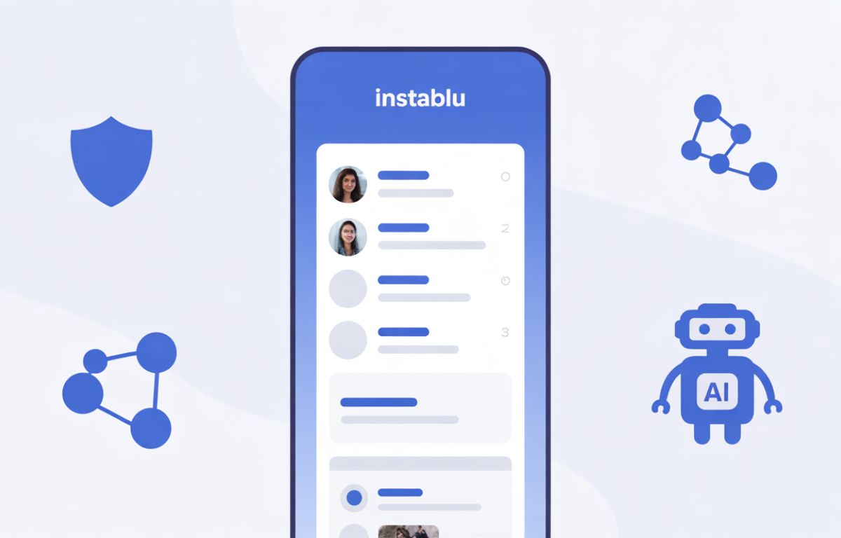 Instablu social platform concept UI with minimal blue design and ad-free layout.