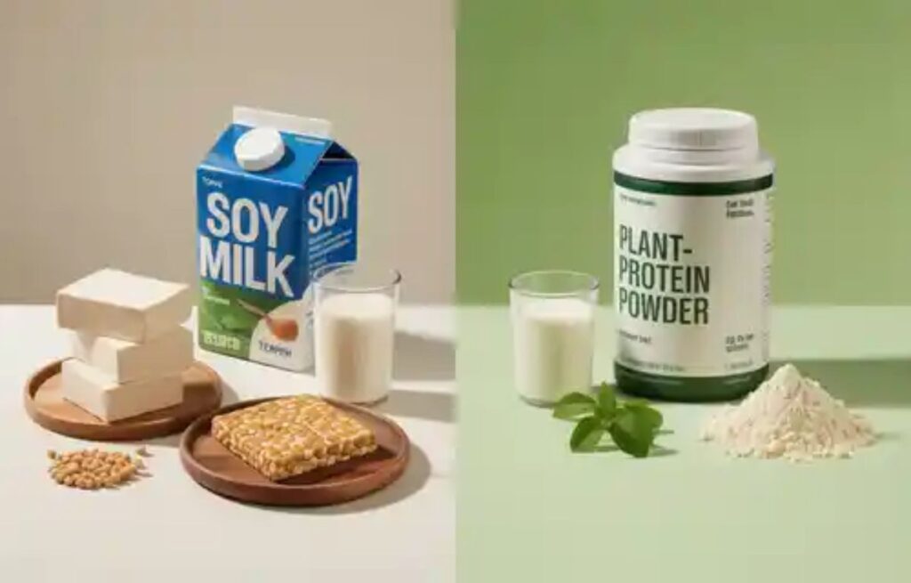 Scientific illustration showing amino acids and nutrients found in Insoya.