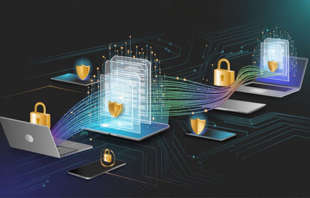 Encrypted cloud document transmission through a secure Trucofax-style platform.