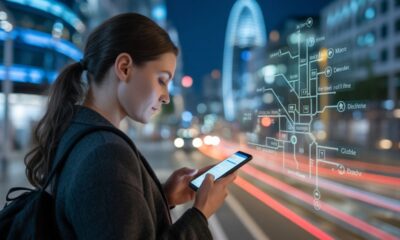 The Tubeseferi app displays live transit updates in a futuristic smart city.