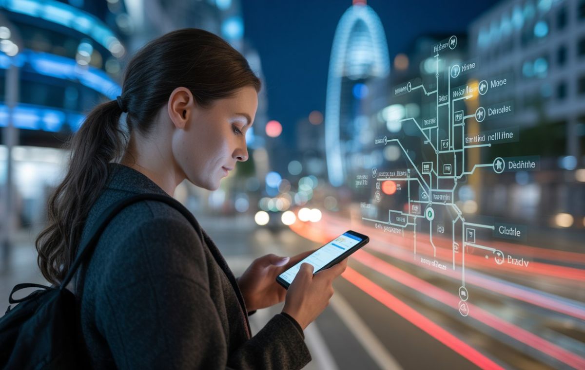 The Tubeseferi app displays live transit updates in a futuristic smart city.