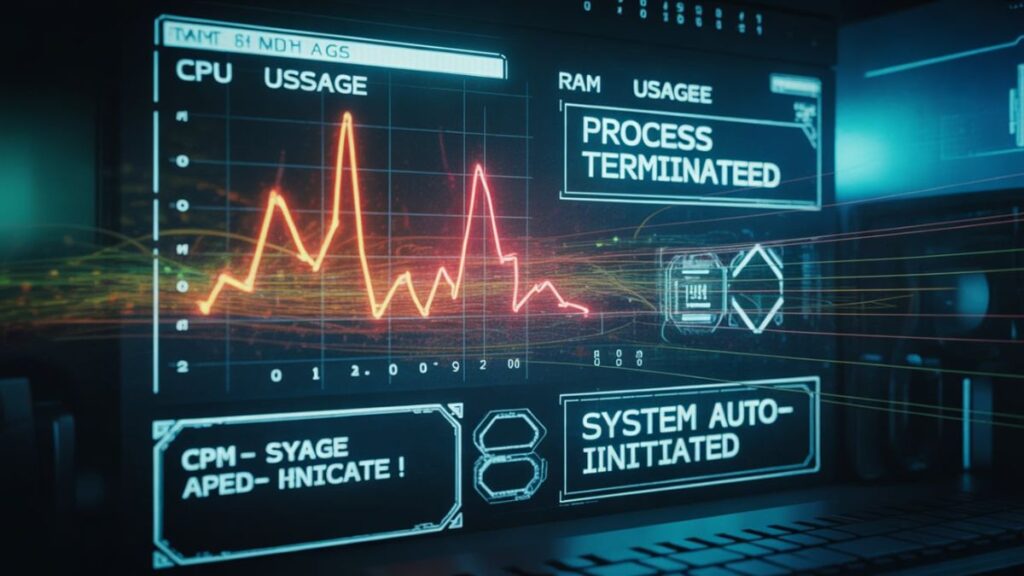 System dashboard showing CPU spikes and process terminated alert, illustrating got auto killed predev error.