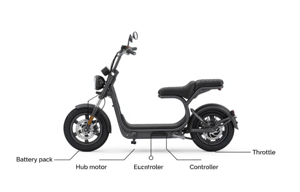Diagram of an eschopper showing battery pack, hub motor, controller, and throttle components.