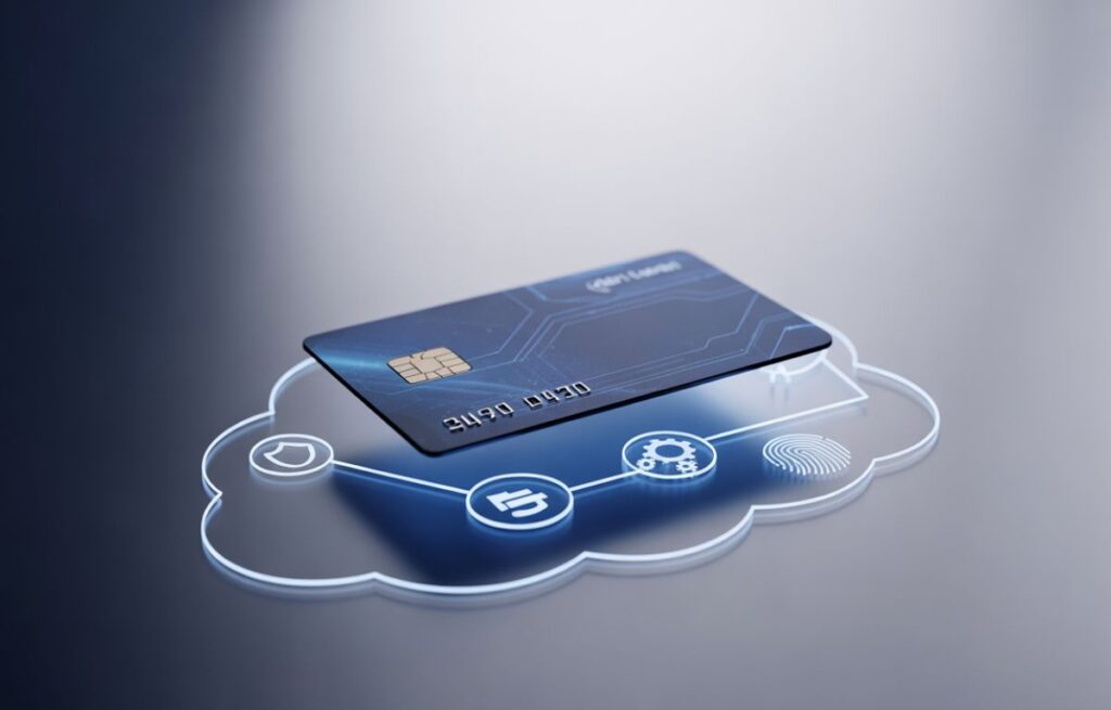 Digital credit card floating above a cloud network representing Cartetach technology and secure cloud-based transactions