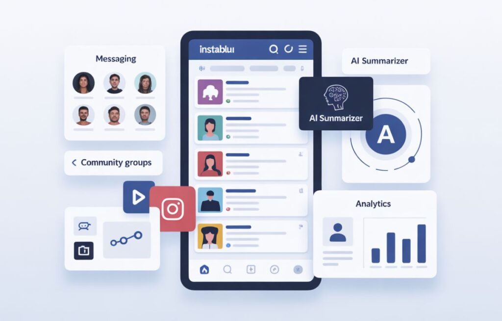 Illustration of Instablu tools including feed, groups, AI summaries, and analytics.