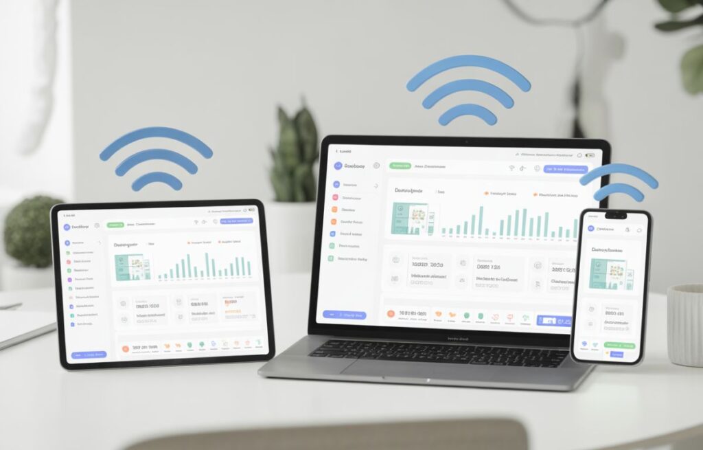 Multiple devices accessing the same online fax dashboard in real time.