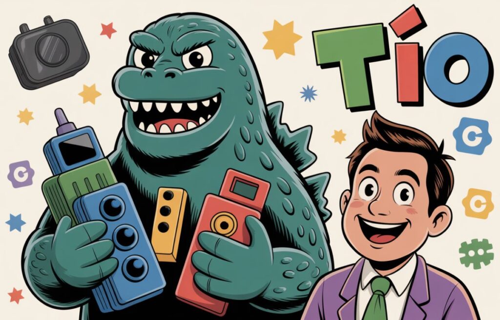 Geekzilla Tio Geek name origin illustrated with Geek Godzilla mascot and friendly uncle figure.